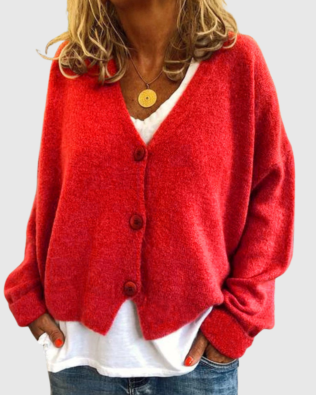 Evelora knit cardigan in red, front view showing deep V-neck