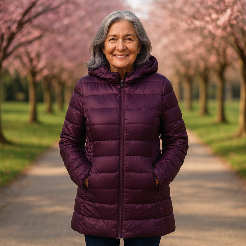 Helsa long padded jacket in purple, full-length front view worn with hood up