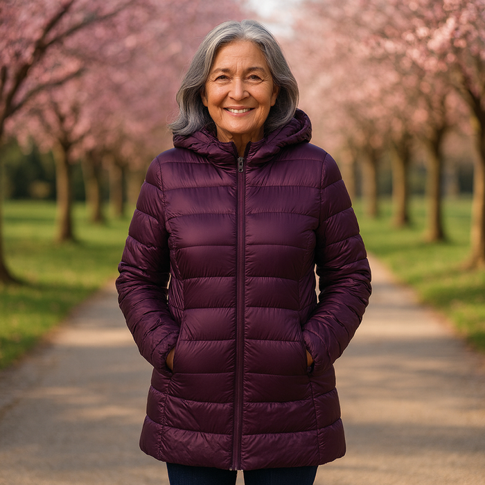 Helsa long padded jacket in purple, full-length front view worn with hood up