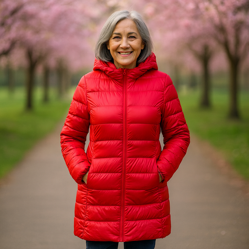 Helsa long padded jacket in red, worn open-air full-length front view