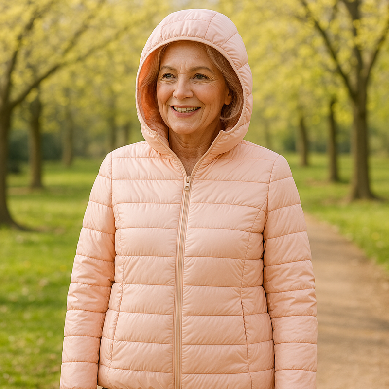 Metta transitional padded jacket in light pink, hood up front view