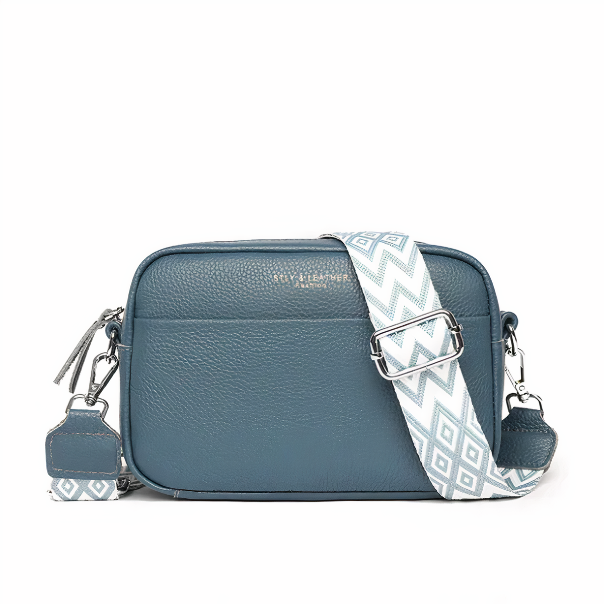 Serena shoulder bag in blue with pale zigzag strap, front view