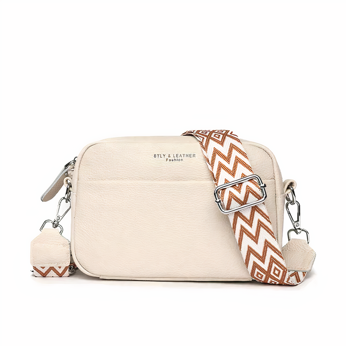 Serena shoulder bag in beige with tan patterned strap, front view