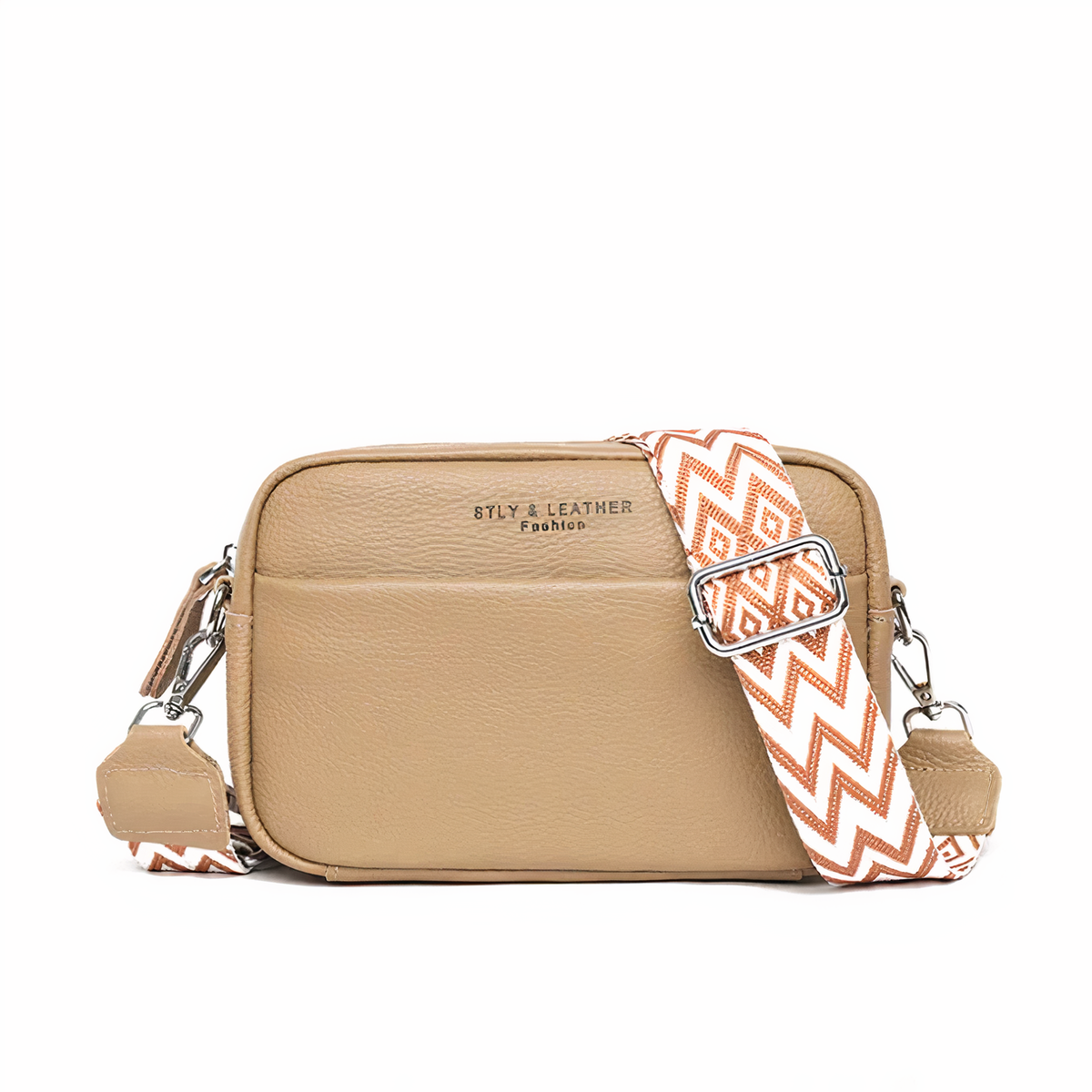 Serena shoulder bag in khaki with orange patterned strap, front view
