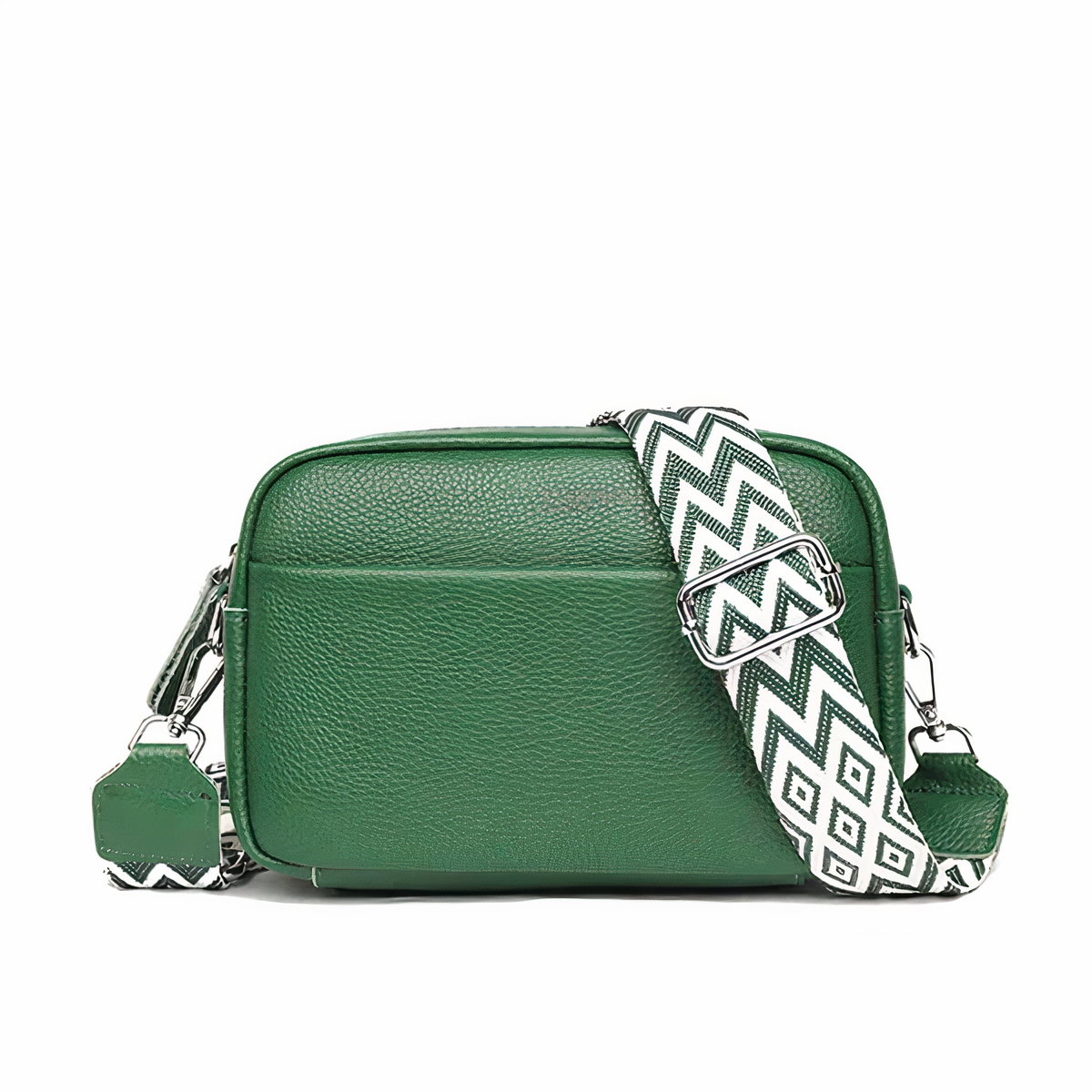 Serena shoulder bag in green with white zigzag strap, front view