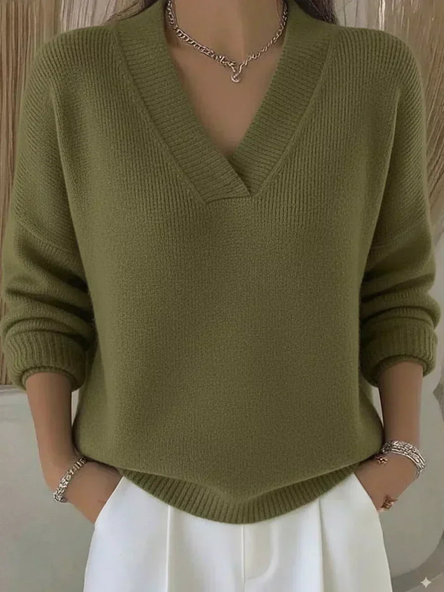 Violeta relaxed V-neck jumper in green, front view on model