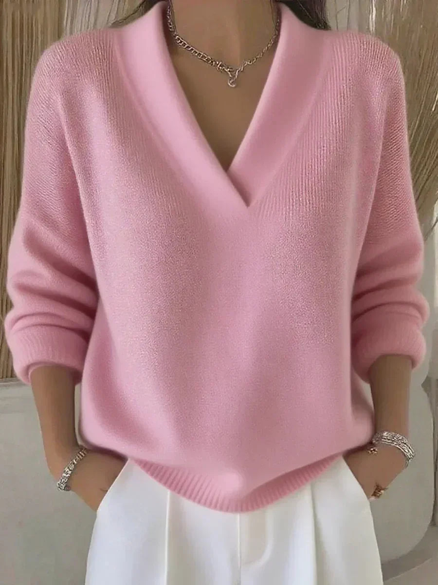 Violeta relaxed V-neck jumper in pink, front view on model