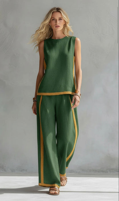 Leila two-piece set in green with contrast trims, front view