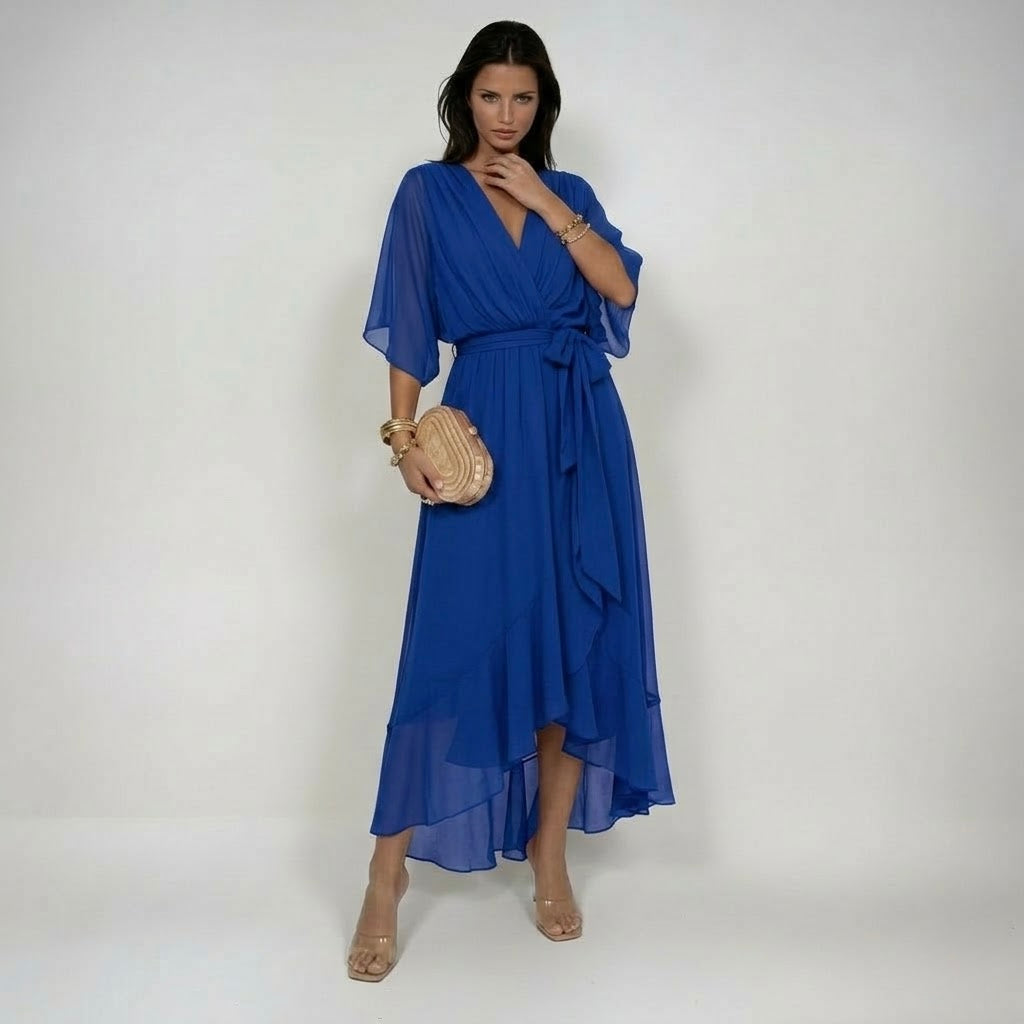 Marta V-neck chiffon dress in blue, full-length front view