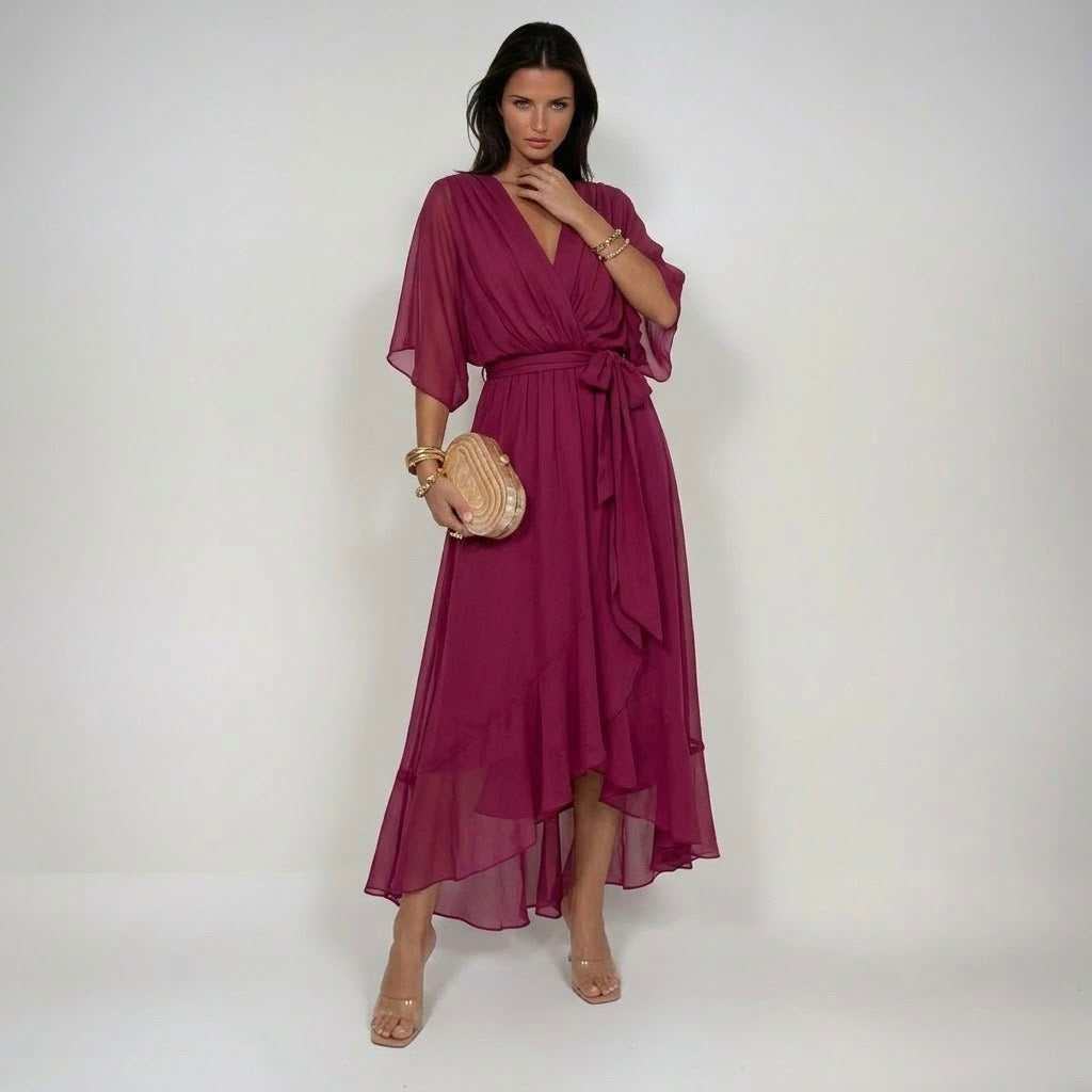 Marta V-neck chiffon dress in magenta, full-length front view
