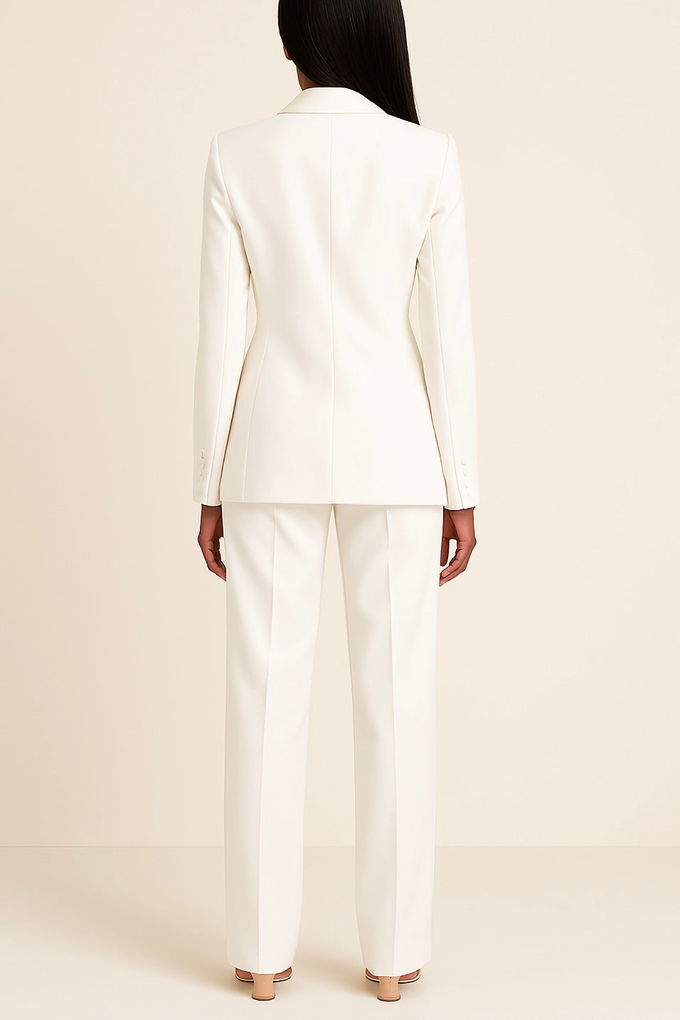 Zoe tailored suit set in white, back view showing seamed panels