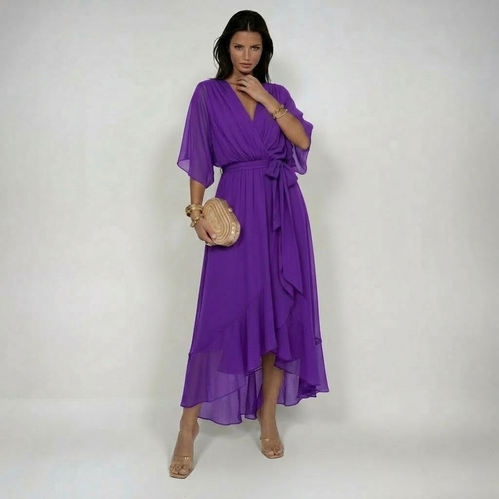 Marta V-neck chiffon dress in purple, full-length front view