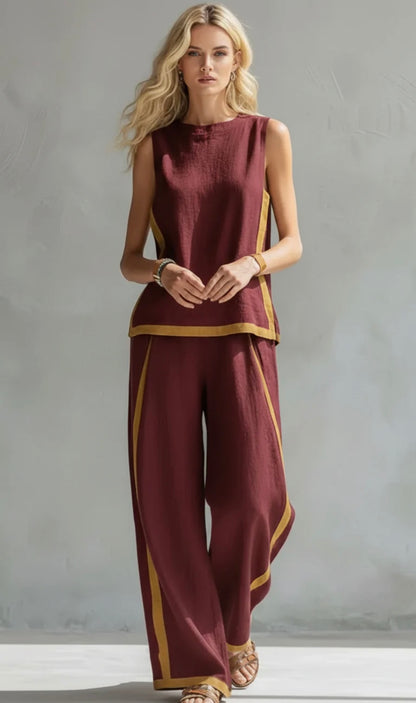Leila two-piece set in burgundy, full-length front view