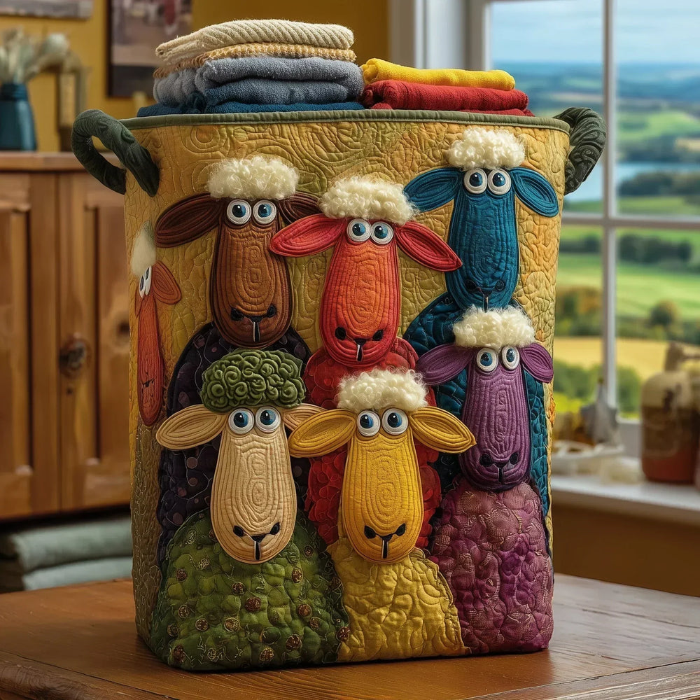 Giulia hand-quilted laundry basket with colourful sheep design, filled with folded towels