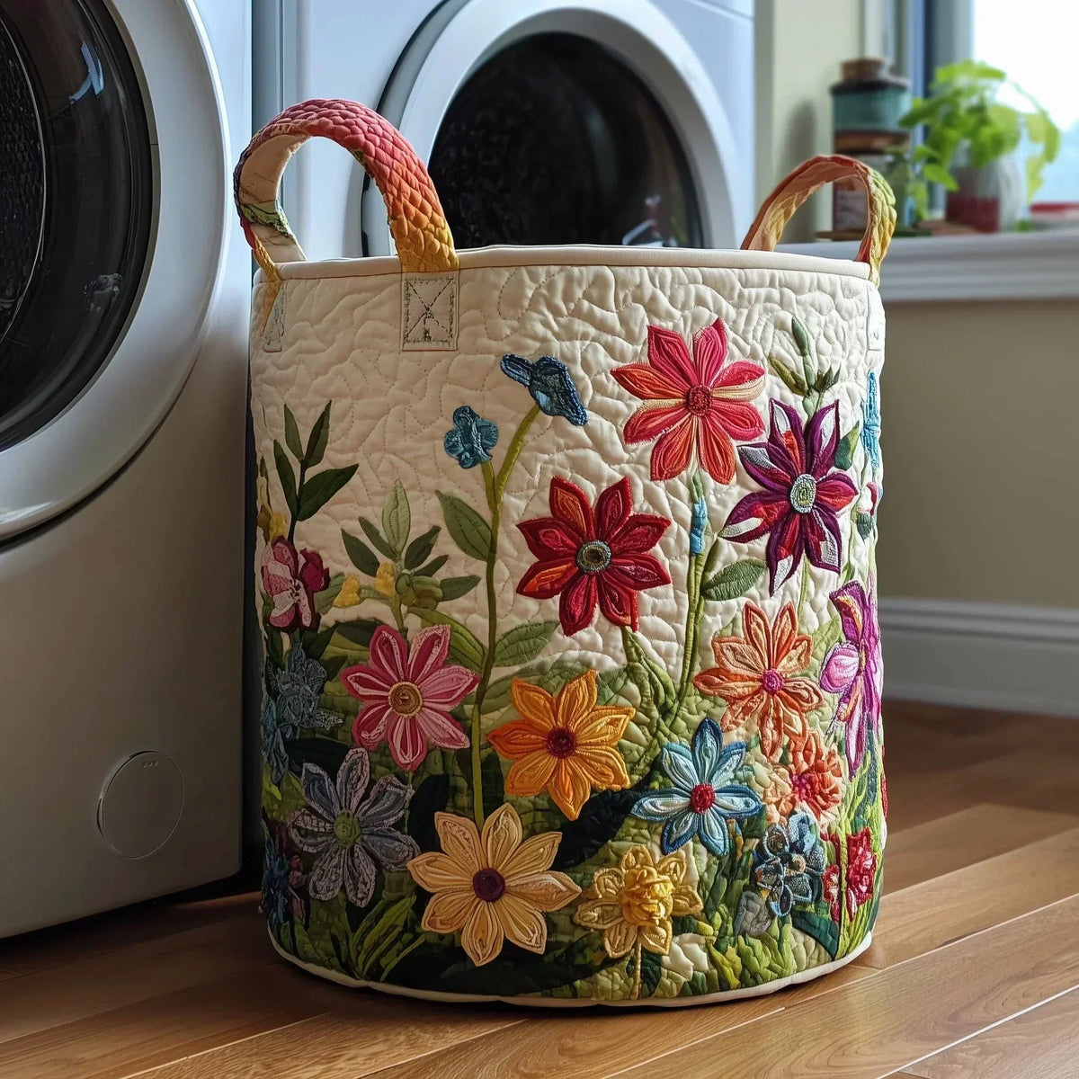 Mirella hand-quilted laundry basket with colourful floral stitching beside a washing machine