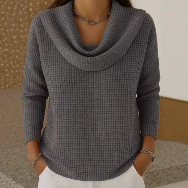 Amber Frost waffle-knit cowl neck sweater in grey, front view