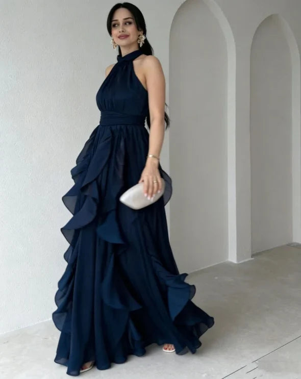 Orea high neck ruffle maxi dress in navy blue, full-length side view