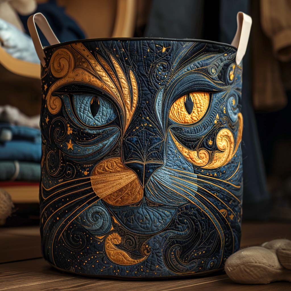 Stella hand-quilted laundry basket with navy and gold starlit cat design