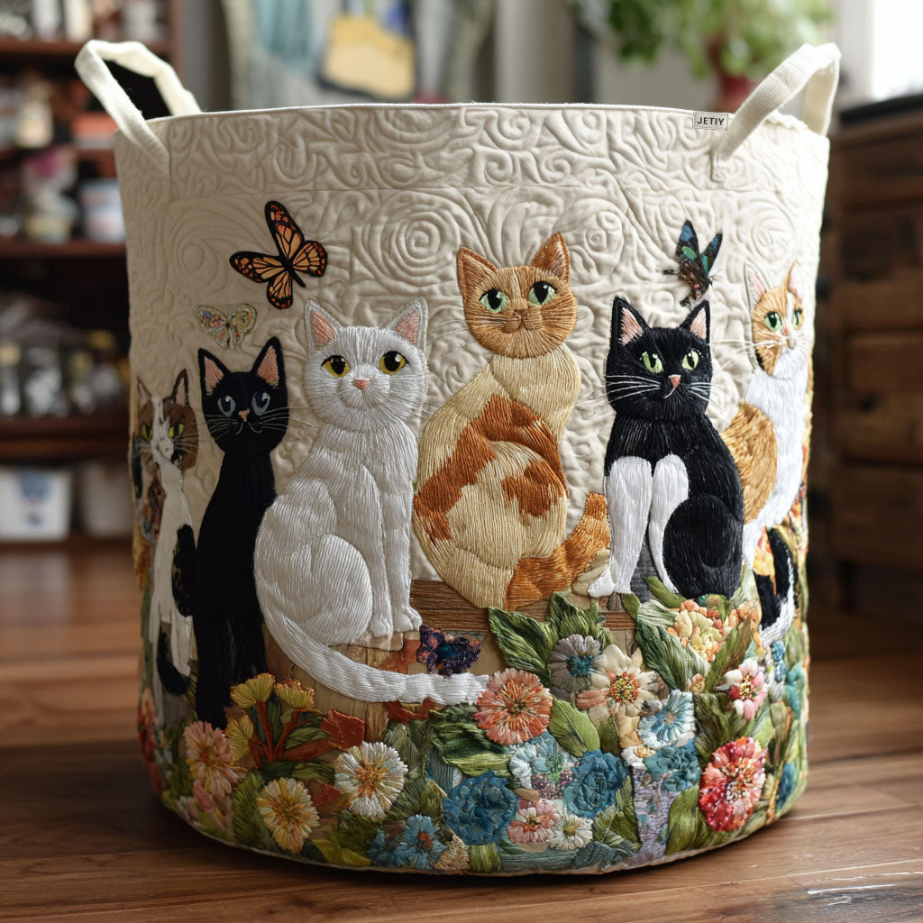 Grazia hand-quilted laundry basket in cream with garden cats and flowers