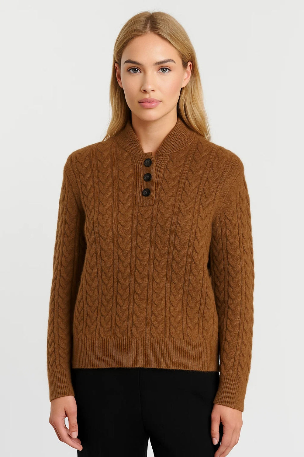Ysella cable-knit jumper in camel, front view worn by model