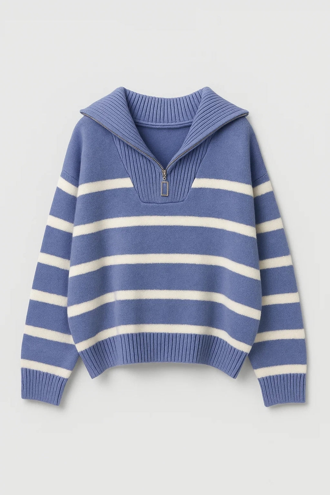 Kairis striped knit sweater in blue with cream stripes, flat front view