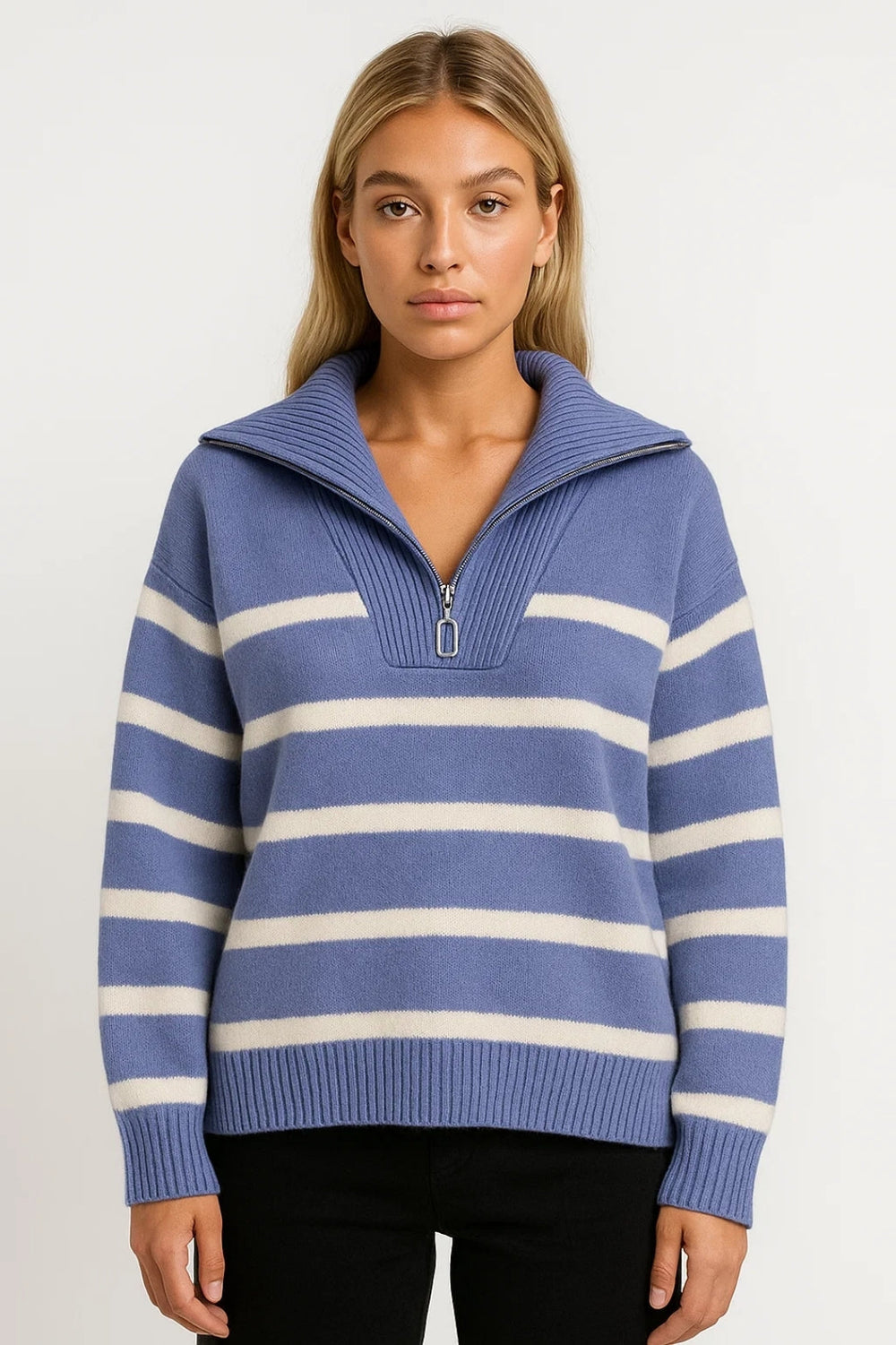 Kairis zip-collar striped knit sweater in blue and cream, front view on model