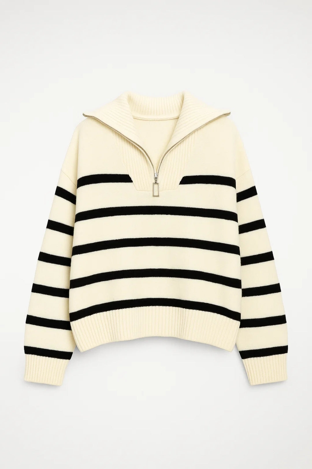 Kairis striped knit sweater in cream with black stripes, flat front view