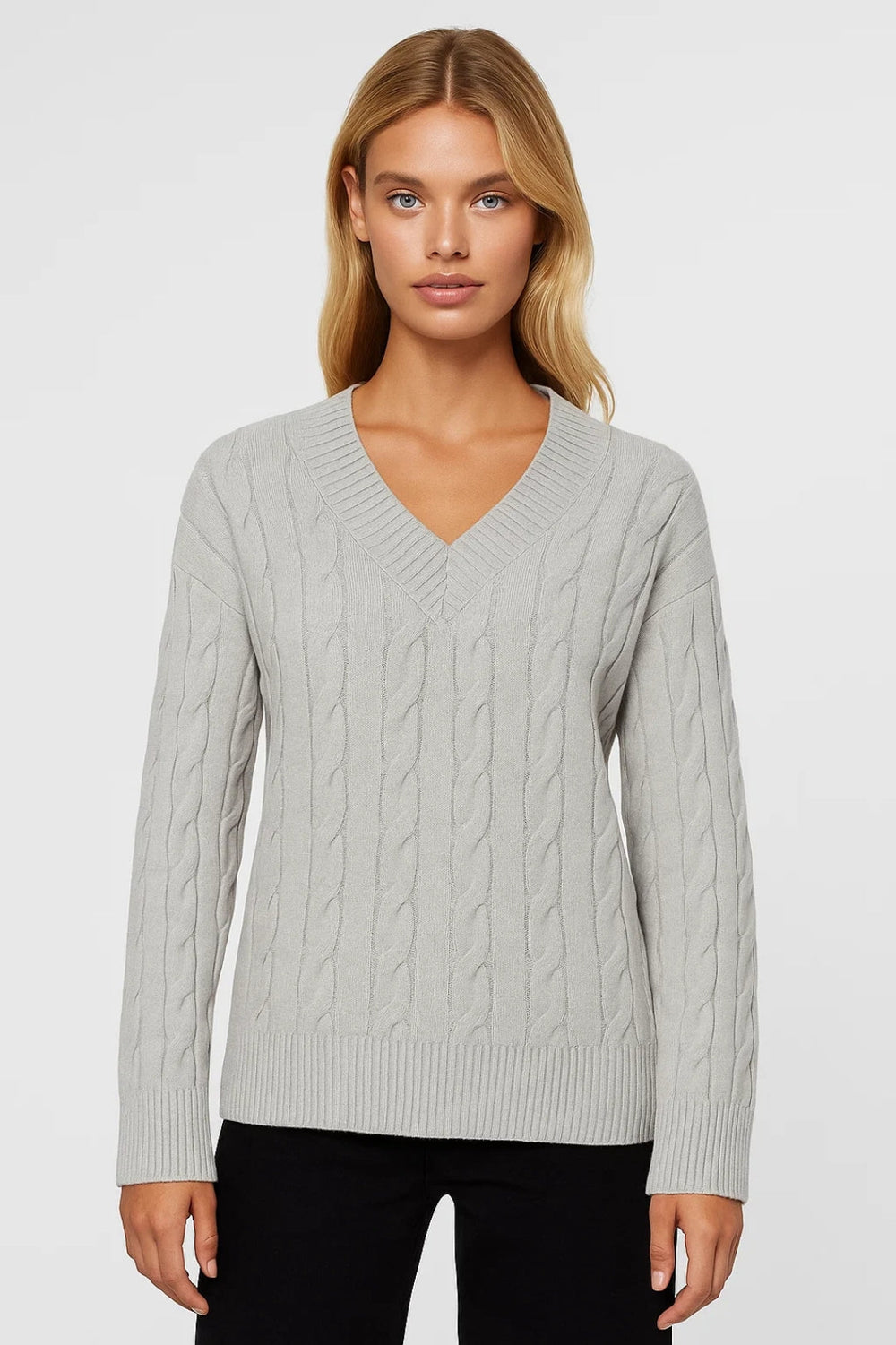 Sunniva v-neck cable-knit sweater in light grey, front view on model