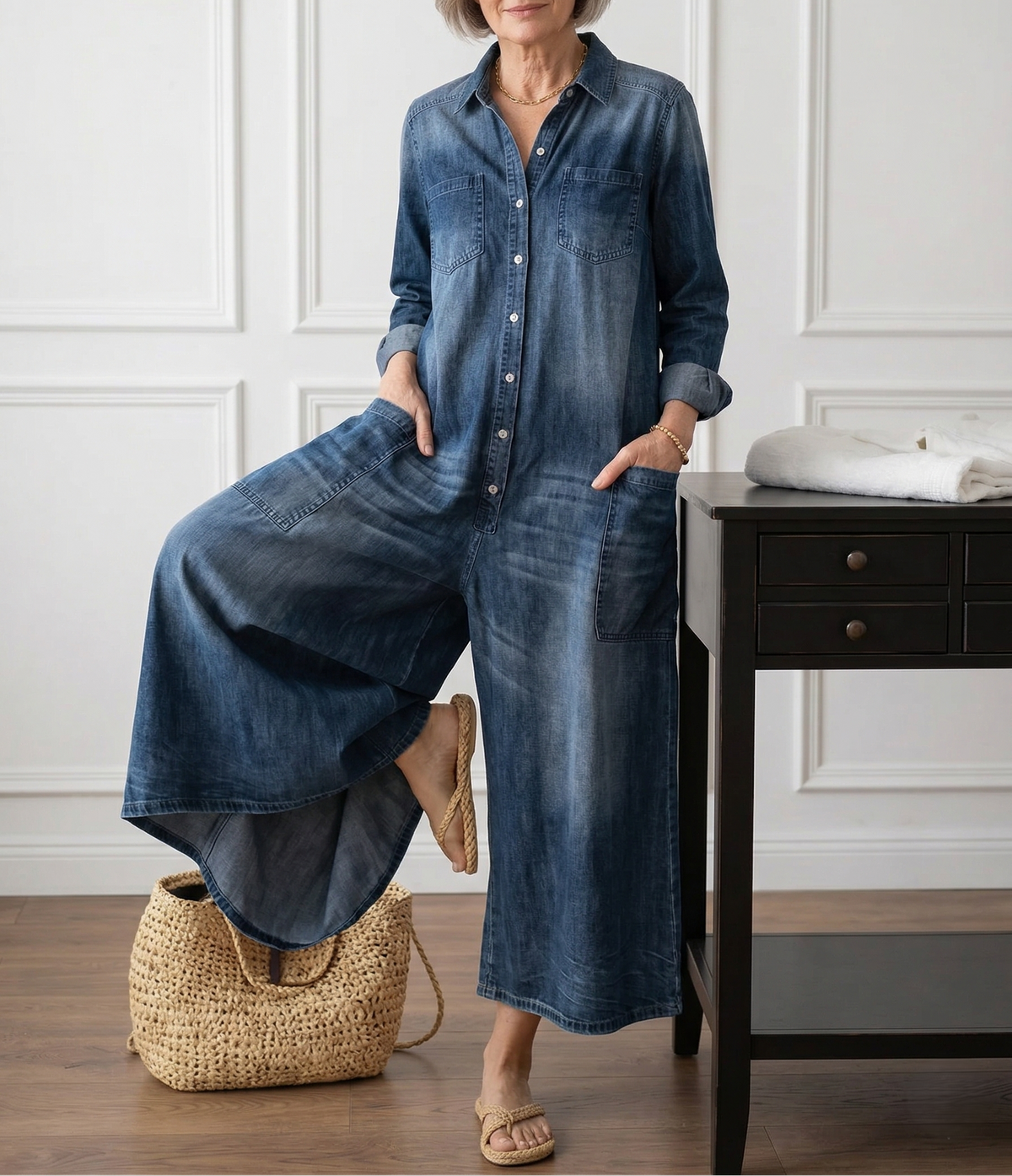 Diana denim jumpsuit in blue, wide-leg silhouette in motion