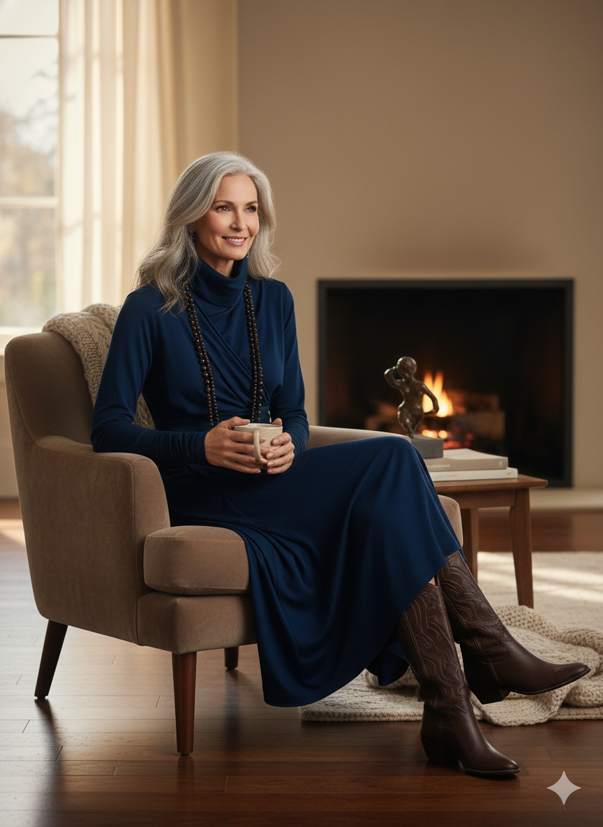 Marilyn elegant maxi dress in navy blue, seated by a fireplace