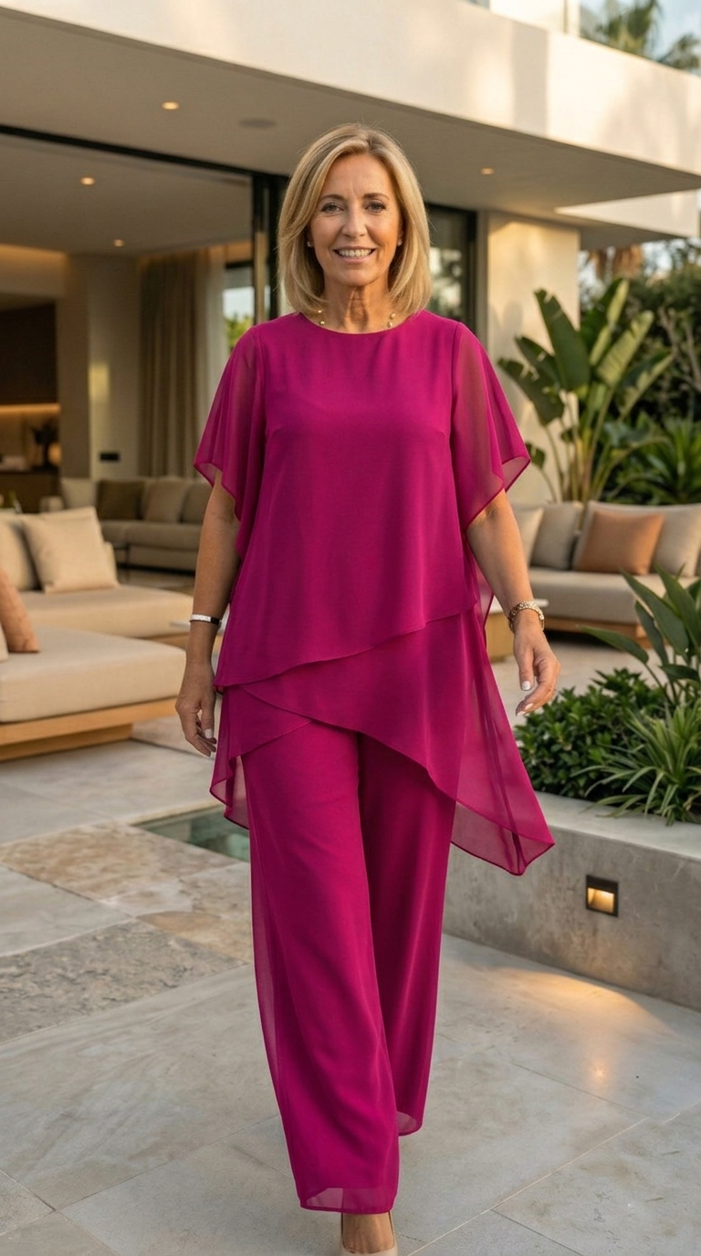 Eleanor two-piece chiffon set in pink, full-length front view