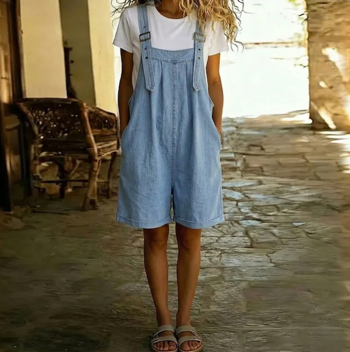 Clara denim dungarees in light blue worn outdoors, full-length front view