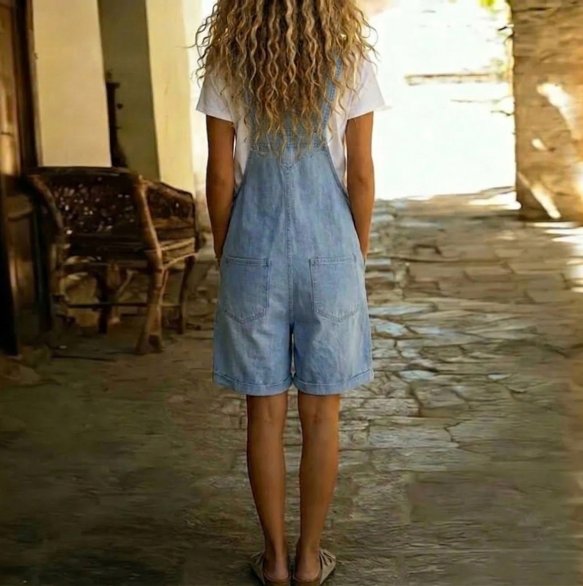 Clara denim dungarees in light blue, back view showing patch pockets