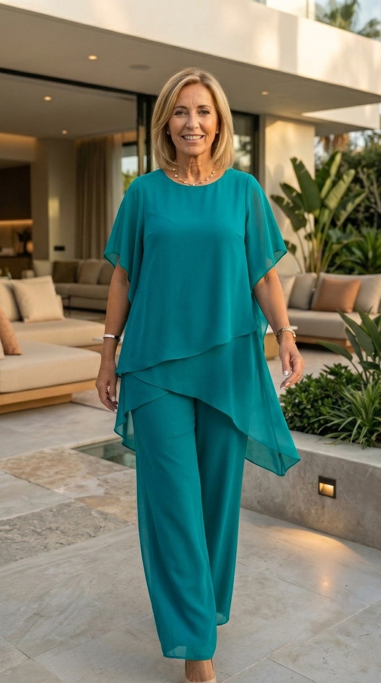 Eleanor two-piece chiffon set in turquoise, full-length front view