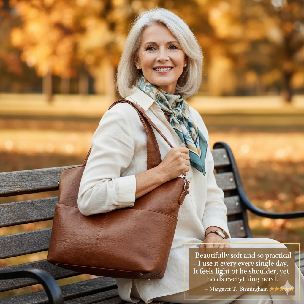 Woman carrying the brown comfort shoulder bag on her shoulder outdoors