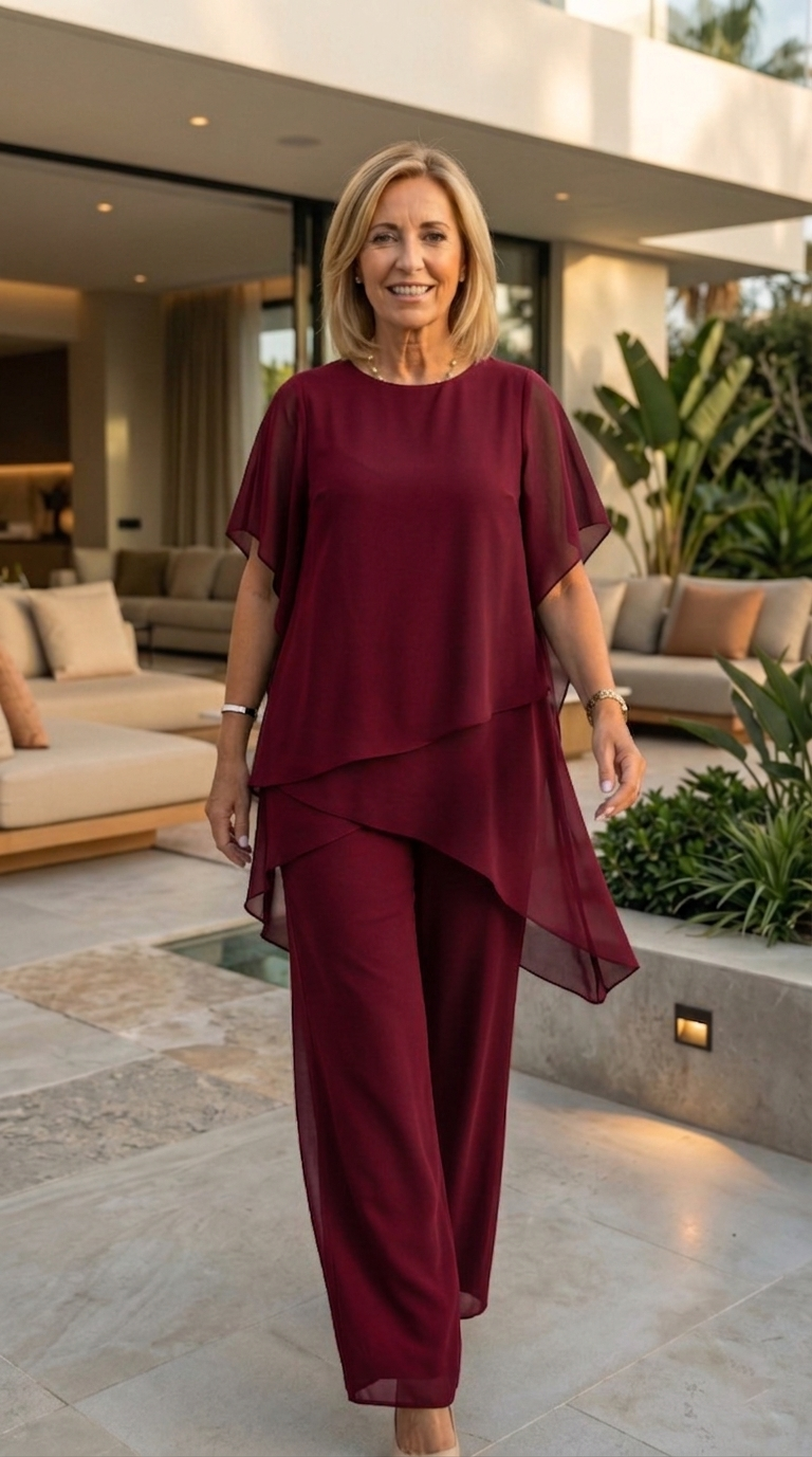 Eleanor two-piece chiffon set in dark red, full-length front view