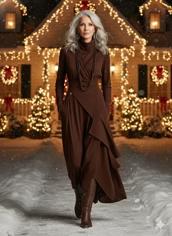 Marilyn elegant maxi dress in brown, worn with boots outdoors