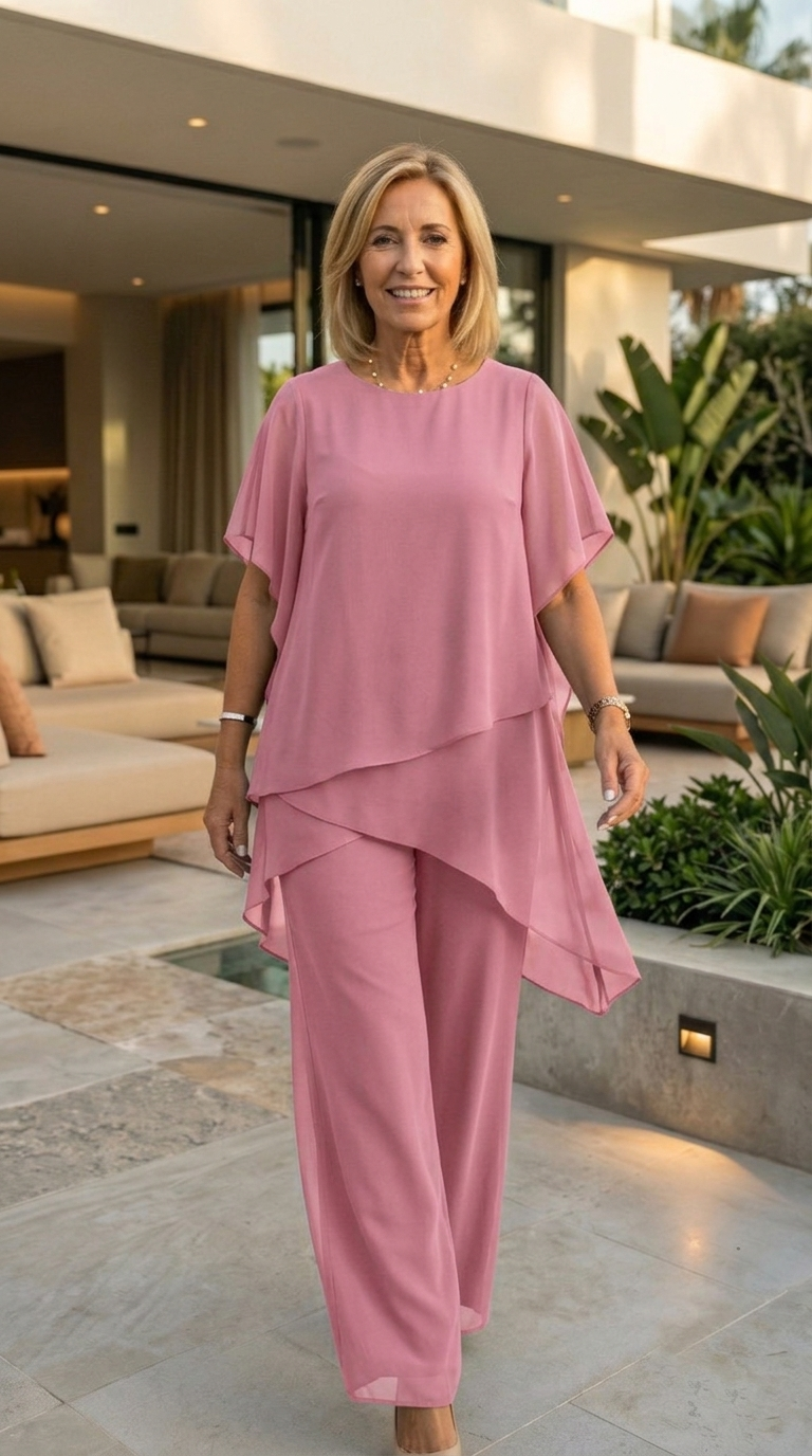 Eleanor two-piece chiffon set in rose, full-length front view