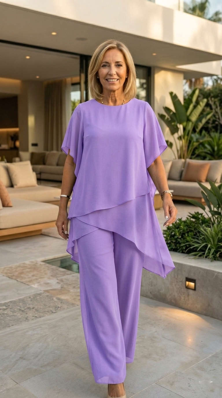 Eleanor two-piece chiffon set in purple, full-length front view