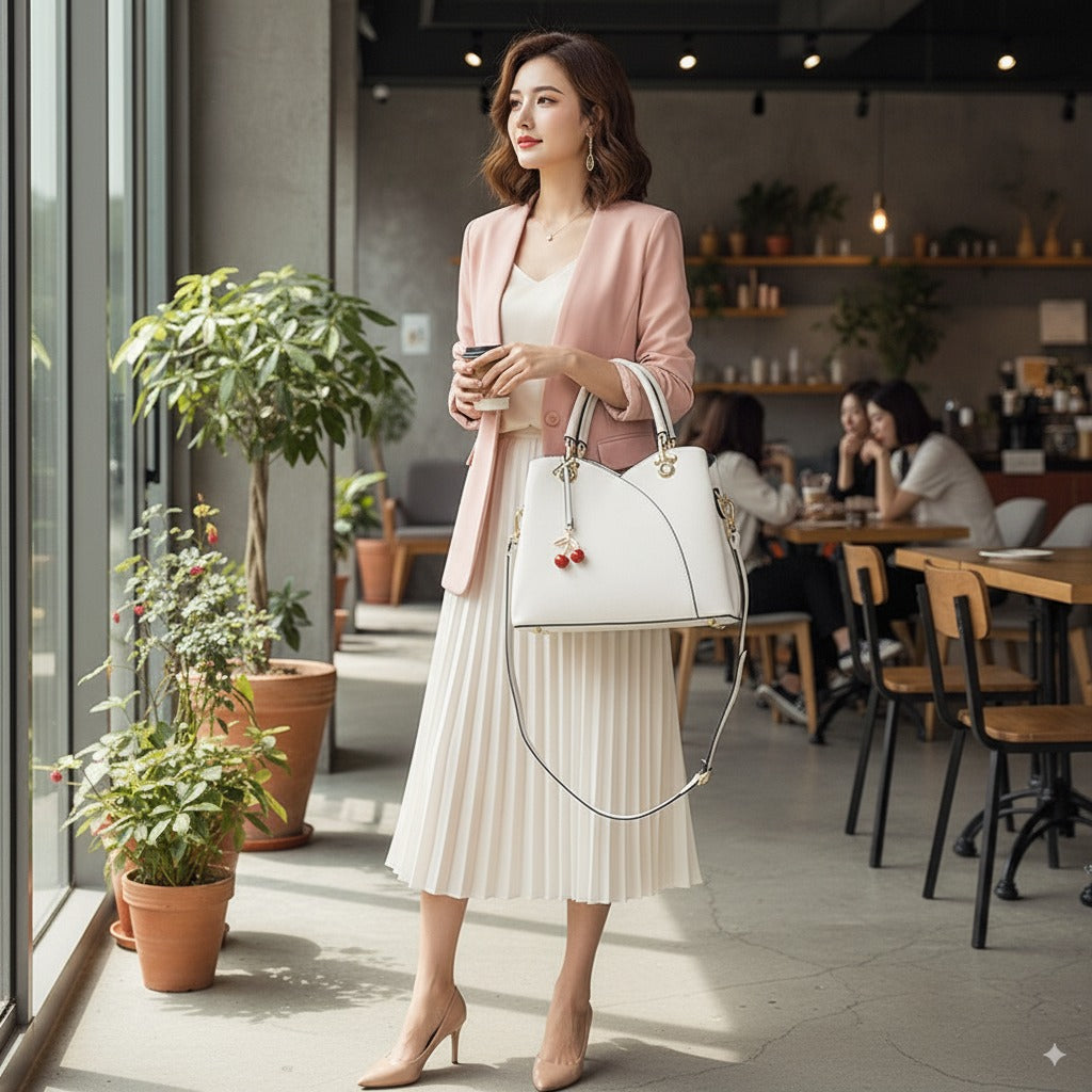 Woman carrying the Avyra cherry tote bag in white by the shoulder strap