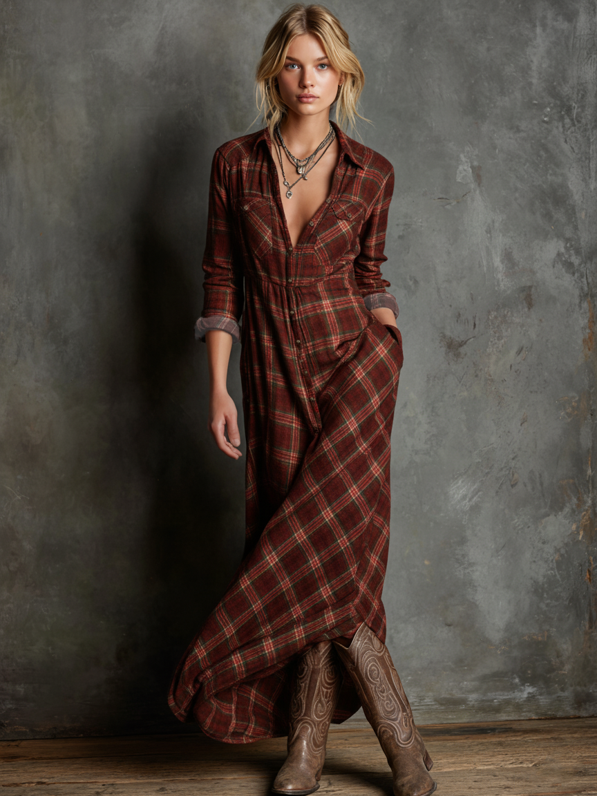 Ailene plaid shirt dress in reddish brown, full-length front view