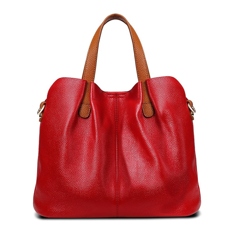 Alana tote bag in red with tan handles, front view