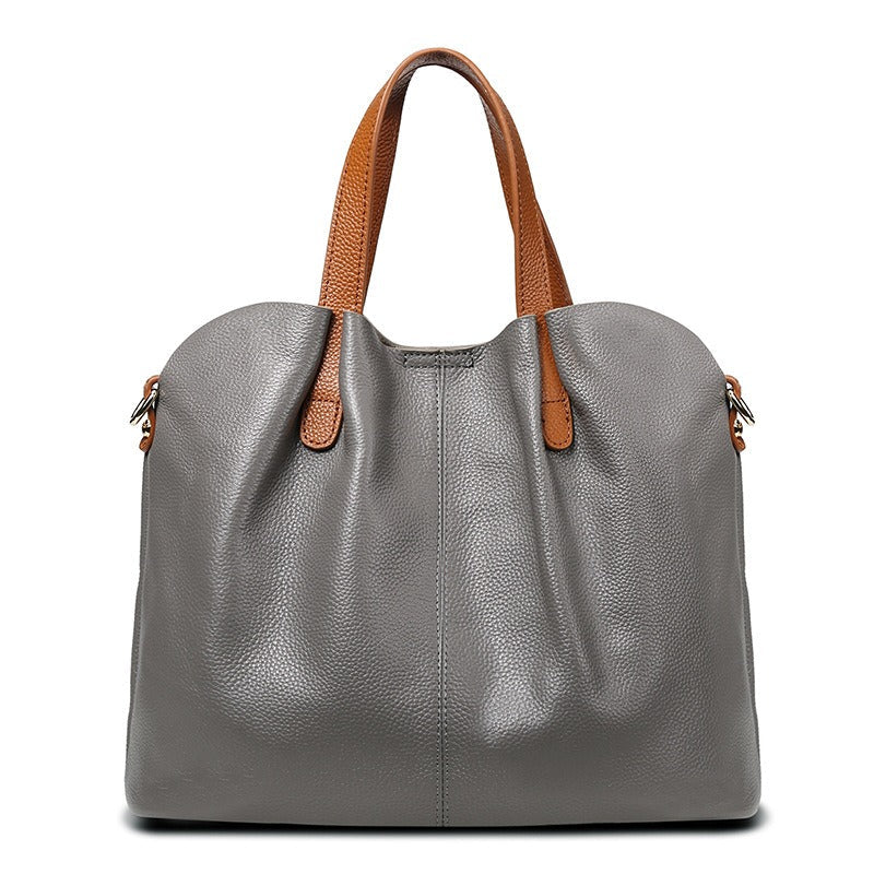 Alana tote bag in grey with tan top handles, front view