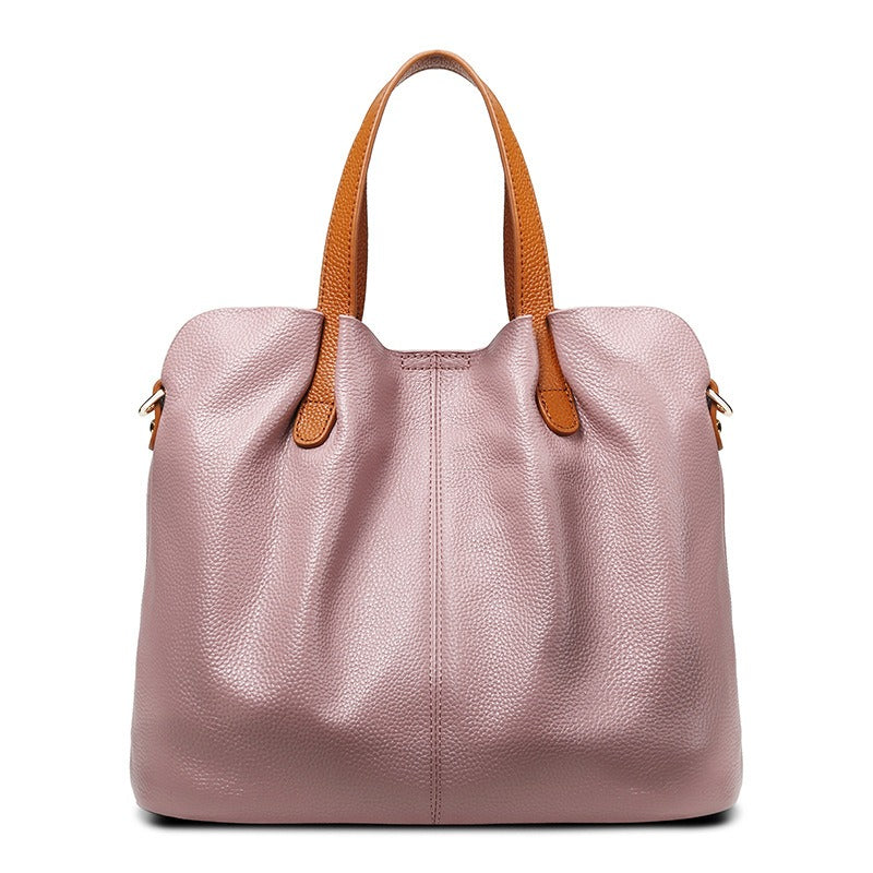Alana tote bag in taro pink with tan handles, front view