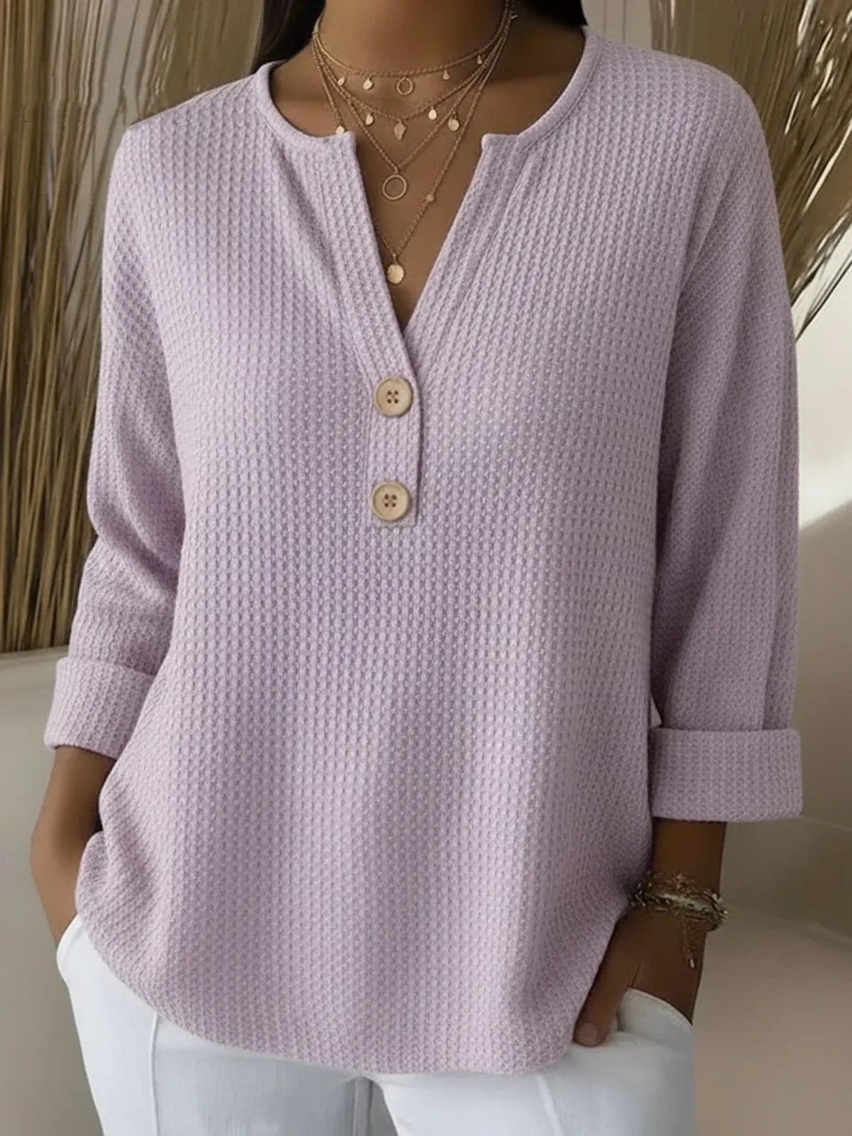Lucinda Henley button top in lilac, front view worn with white trousers