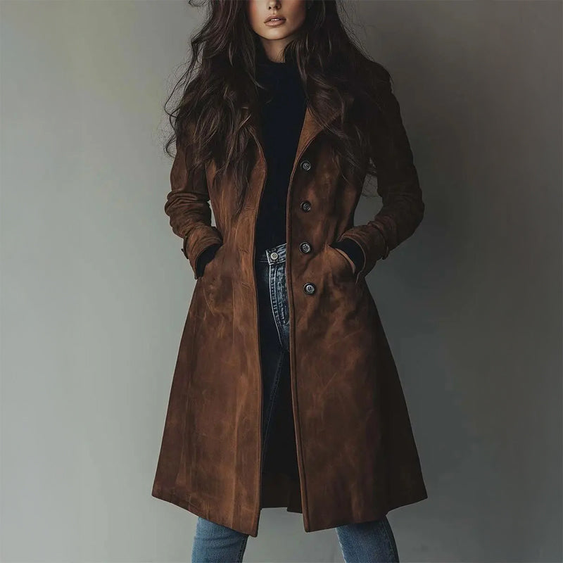 Tallis long vegan suede jacket in brown, full-length front view