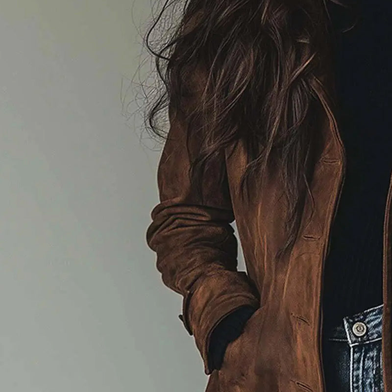 Tallis jacket in brown, side view showing sleeve and pocket
