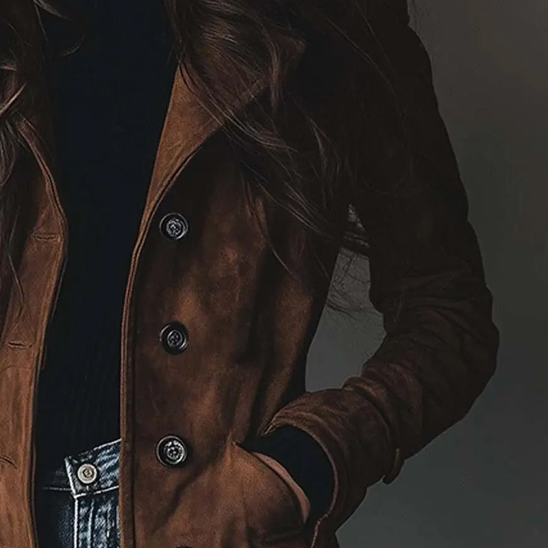 Tallis jacket in brown, close-up of button front and collar