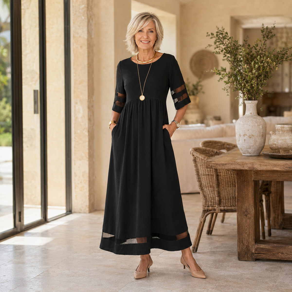 Aubrey midi dress in black, full-length front view with mesh sleeve panels