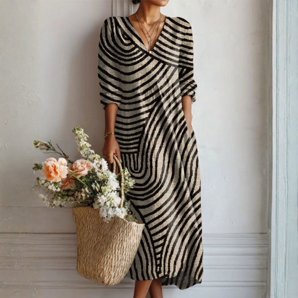Grace vintage midi dress in black and beige abstract stripe, full-length front view